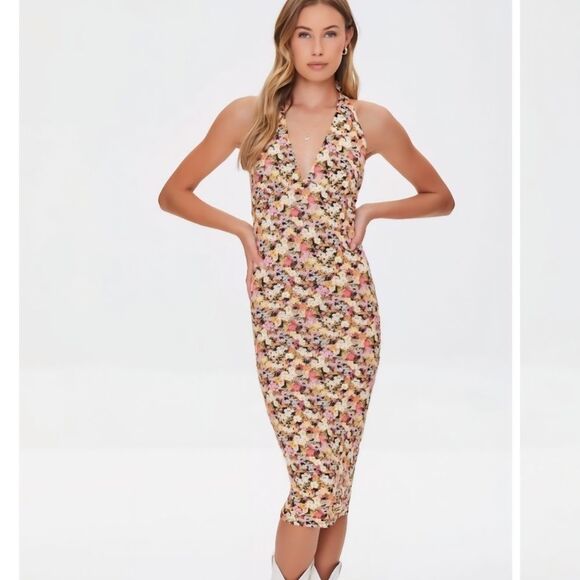 Forever 21 Dresses & Skirts - Forever 21 Retro Floral Print Tie Back Halter Midi Dress Medium Summer Boho